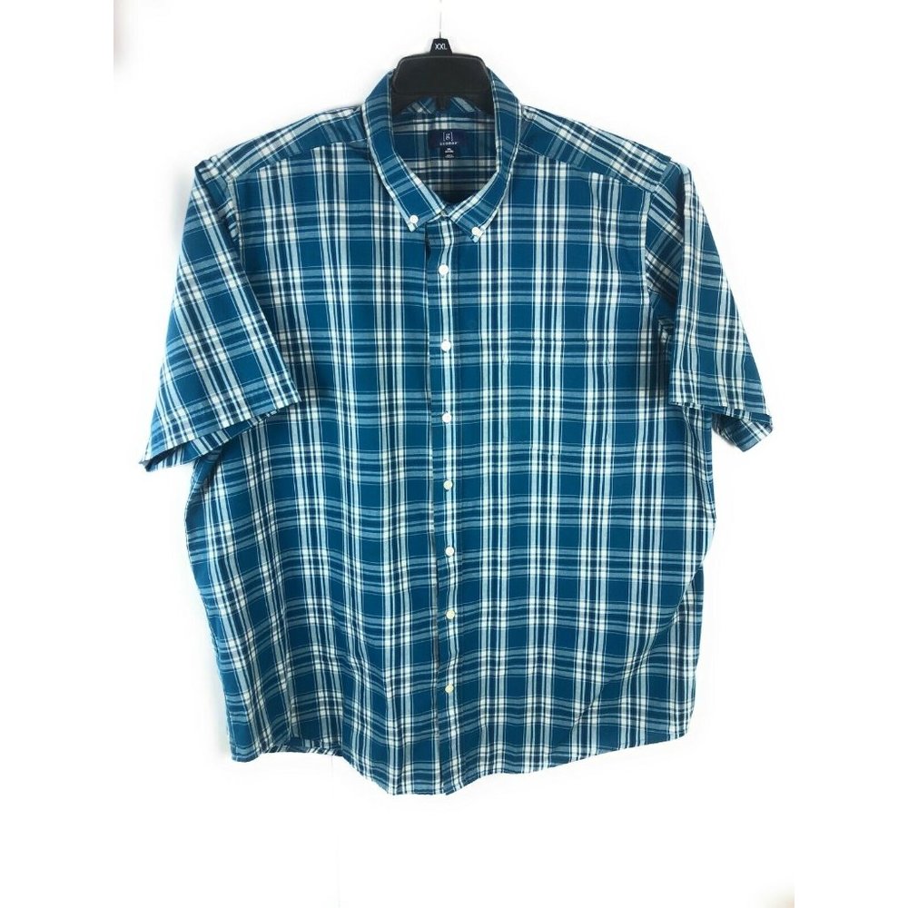 George Men's 3XL Short Sleeve Button Up Blue Plaid Cotton Blend Casual Shirt A23